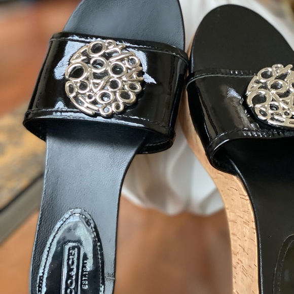 Coach JUDITH NWOT 🚨Black Patent Leather Cork Wedge Platform Slides Size 7 - Picture 11 of 15